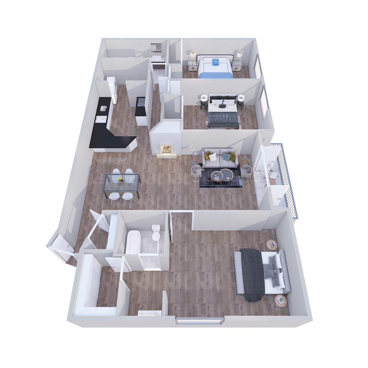 Floor plan for 3 beds, 2 baths, 1250 sqft